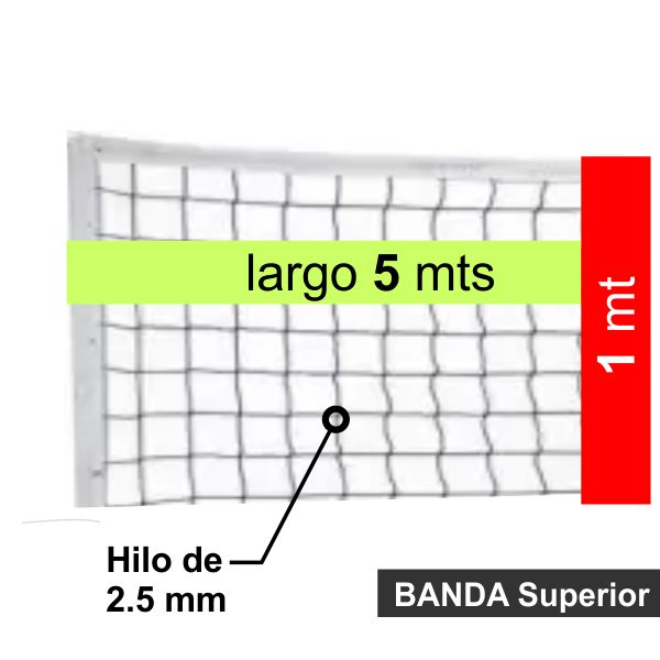 Red De Voley Mini -  5x1 Mts - Hilo 2,5 Mm - Polietileno - Con Banda Superior Y Tensor De Soga