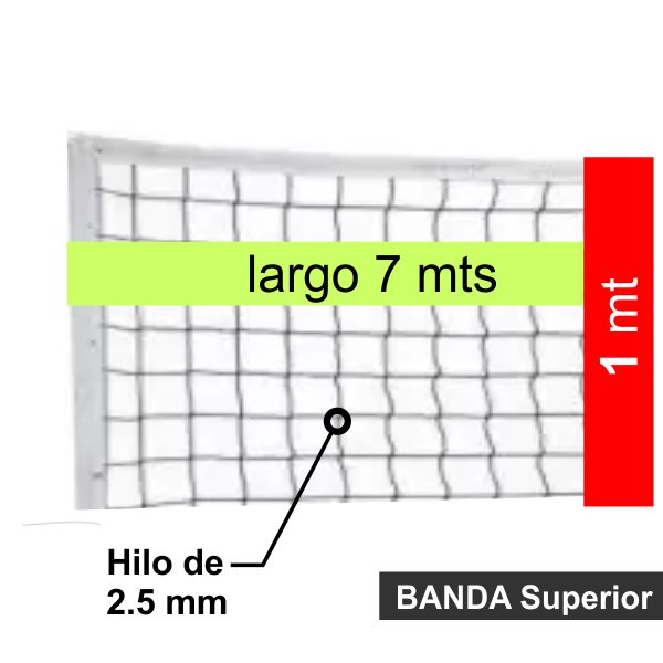 Red De Voley Mini - 7x1 Mts - Hilo 2,5 Mm - Polietileno - Con Banda Superior Y Tensor De Soga