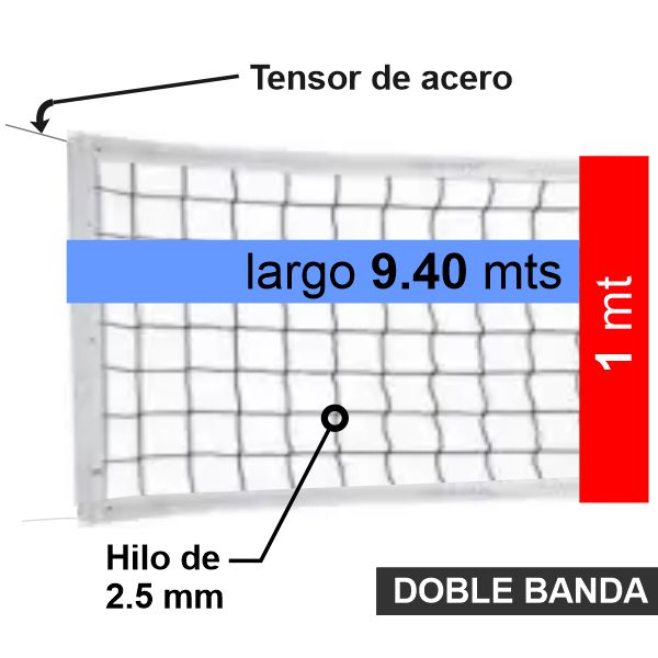 Red De Voley  - 9,40x1,00 Mts - Hilo 2.5mm - Polietileno -  Tensor De Cable De Acero - Doble Banda