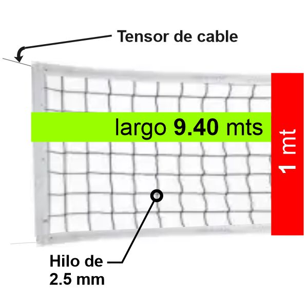 Red De Voley -  9,40x1,00 Mts - Hilo 2.5mm  - Banda Superior Y Cable De Acero