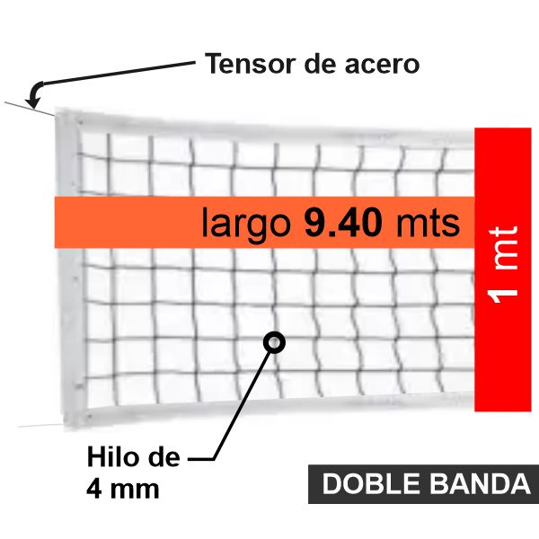 Red  Voley -  9,40 X 1  Mts - Hilo 4mm -  Polietileno - Cable De Acero -  Doble Banda Y Porta Varilla 