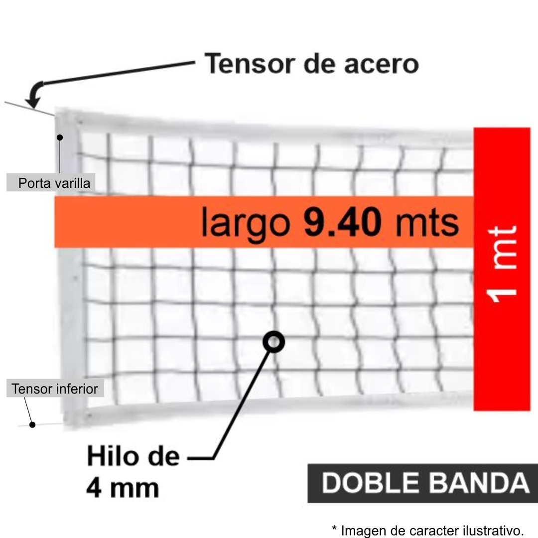 Red  Voley -  9,40 X 1  Mts - Hilo 4mm -  Profesional - Cable De Acero -  Doble Banda Y Porta Varilla 