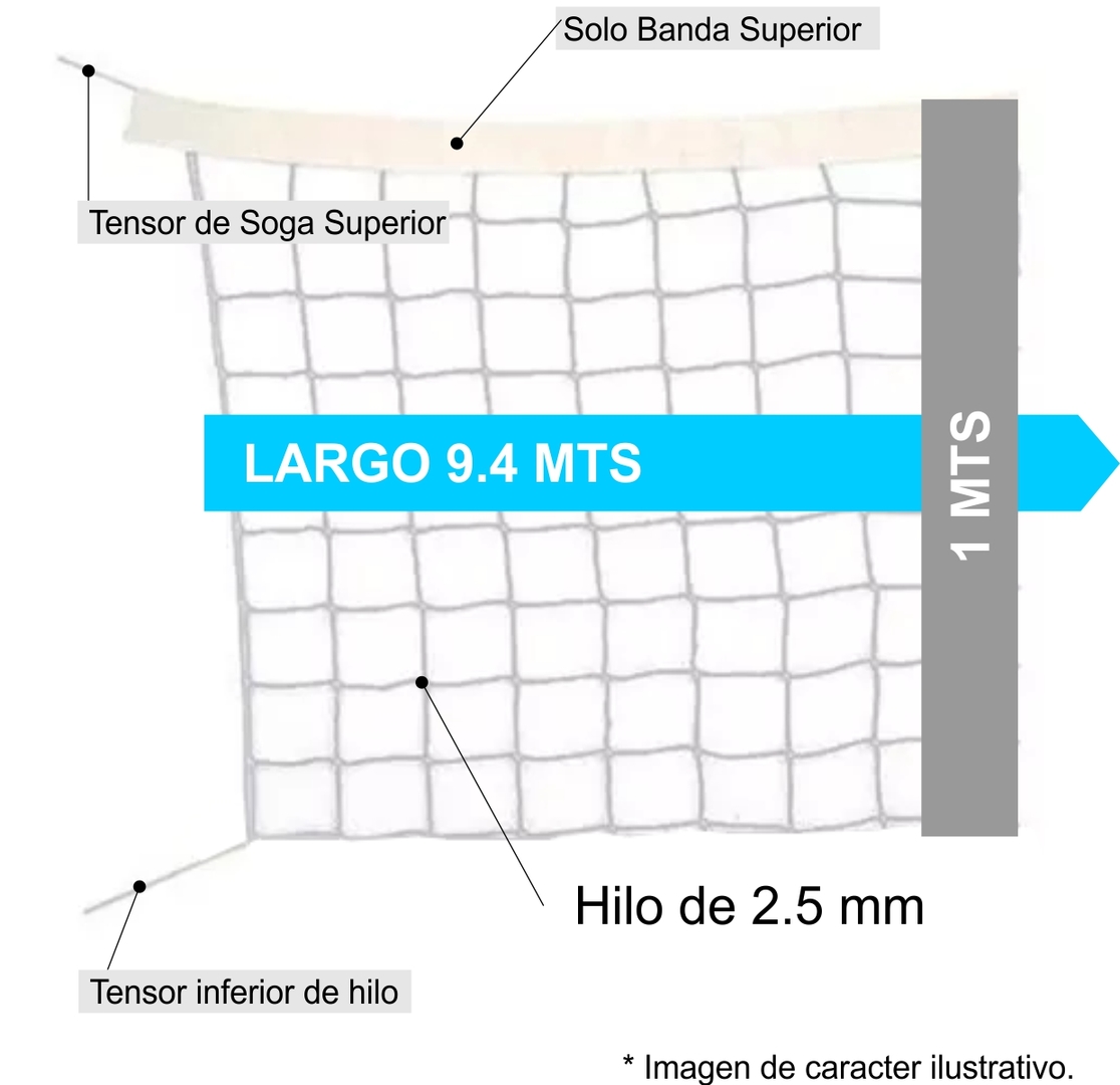 Red De Voley - 9,40x1,00 Mts - Hilo 2.5mm - Polietileno - Con Banda Superior Y Tensor De Soga